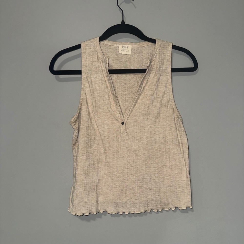 PST by Project‎ Social T Ribbed Tank Top V-Neck Lettuce Edge Oatmeal Beige Small
